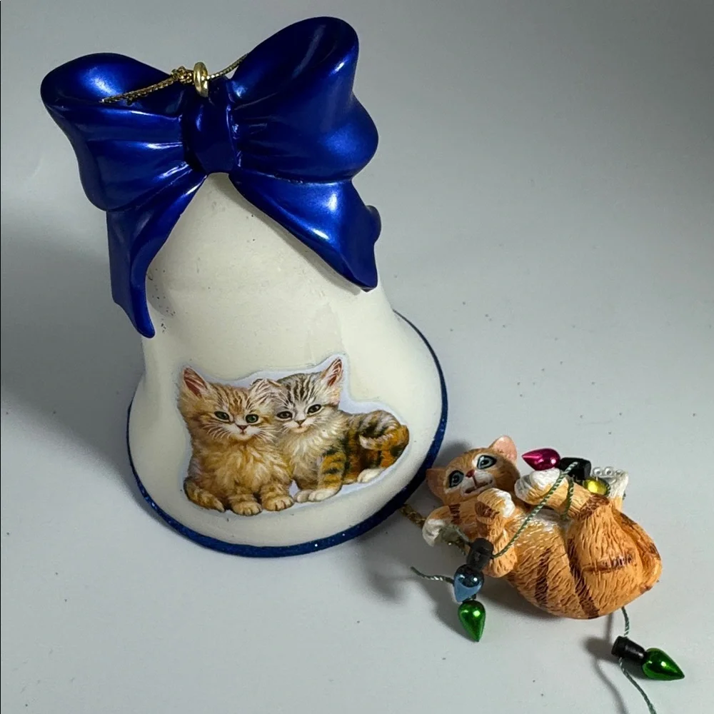 Bradford Exchange Cat Bell Christmas Ornament with Blue Bow